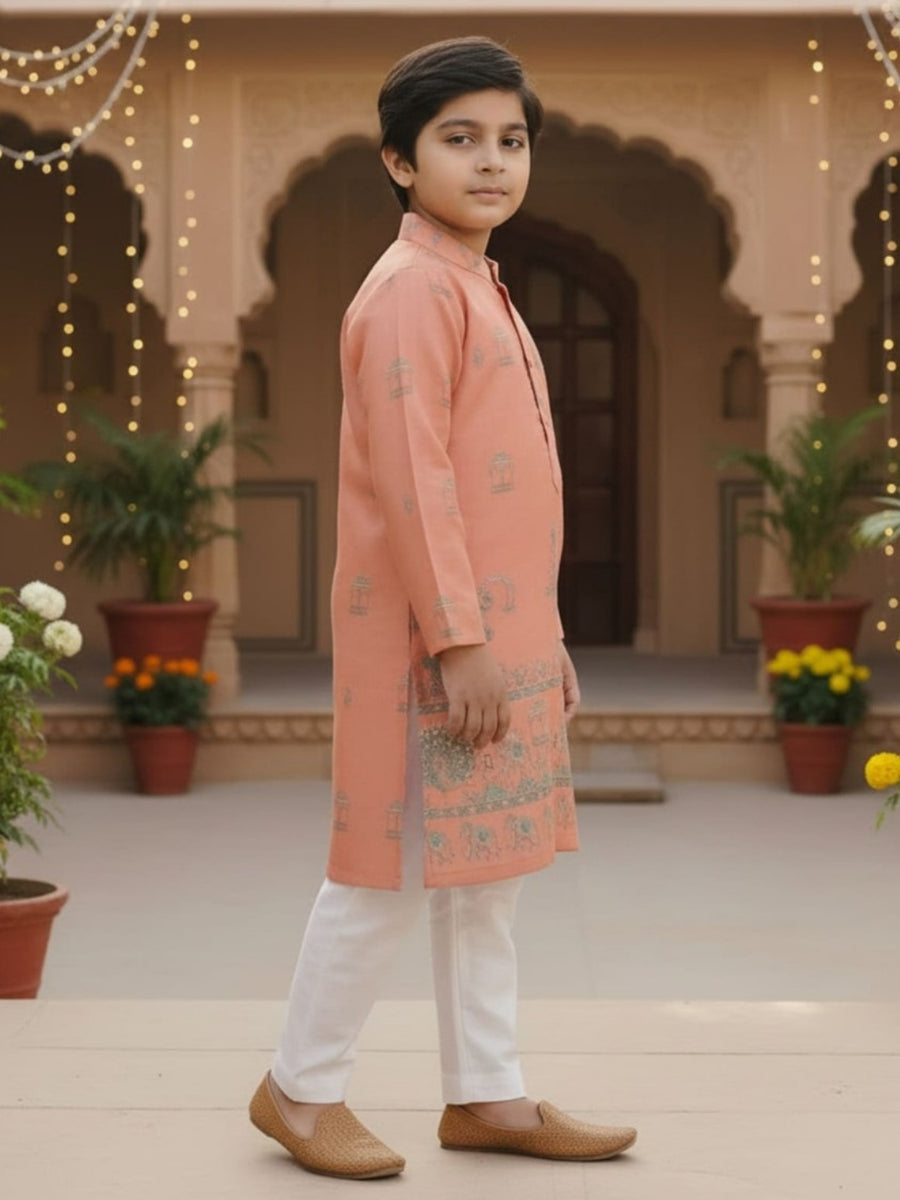 Boys Vibrant Digital Printed Kurta Pyjama Set - Peach