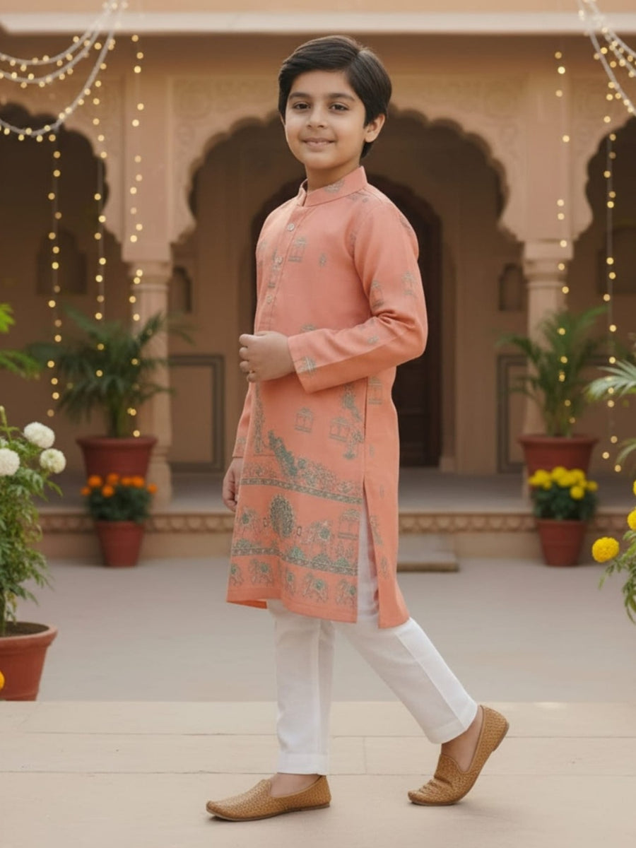 Boys Vibrant Digital Printed Kurta Pyjama Set - Peach