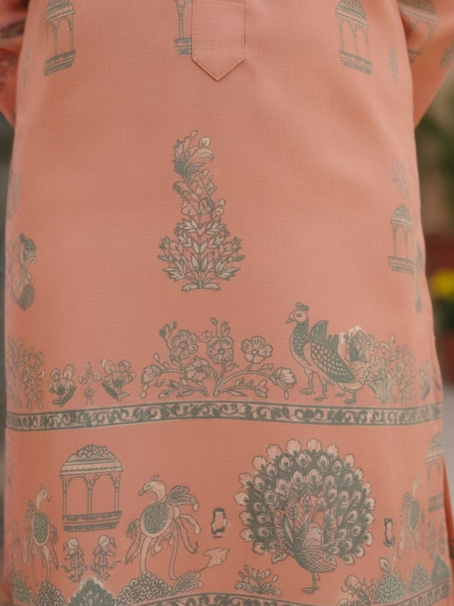Boys Vibrant Digital Printed Kurta Pyjama Set - Peach