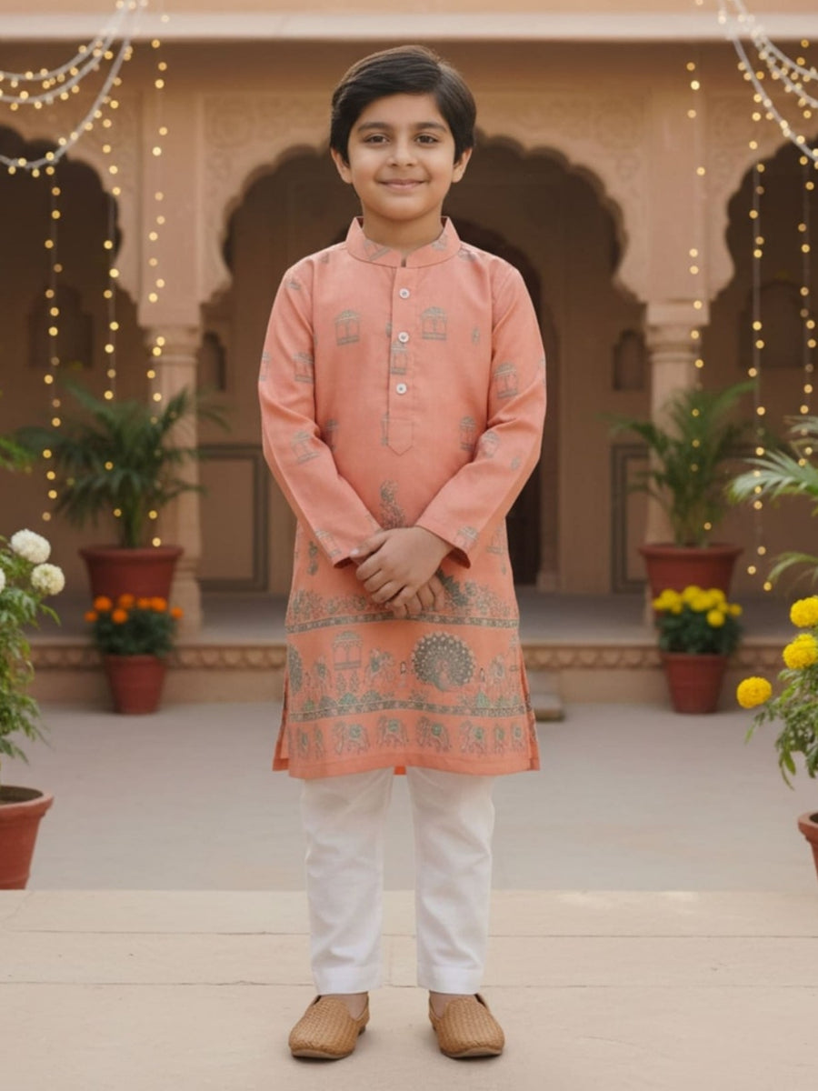 Boys Vibrant Digital Printed Kurta - Peach