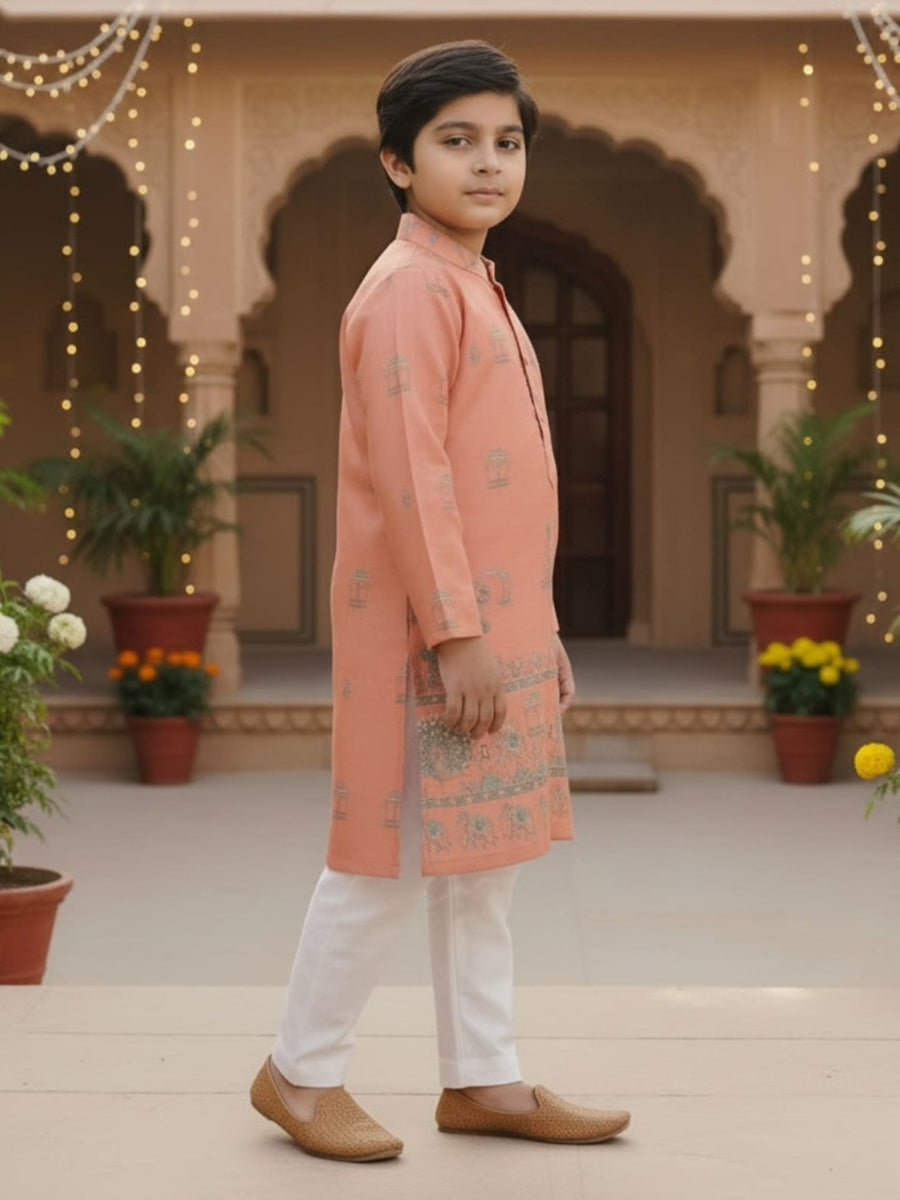 Boys Vibrant Digital Printed Kurta - Peach