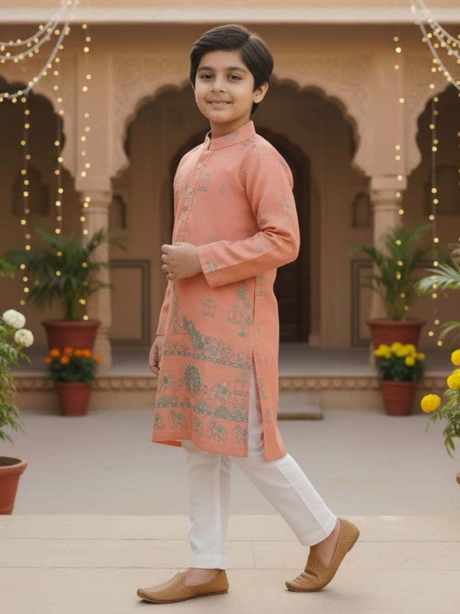 Boys Vibrant Digital Printed Kurta - Peach
