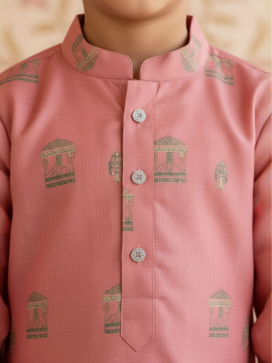 Boys Vibrant Digital Printed Kurta Pyjama Set - Salmon Pink