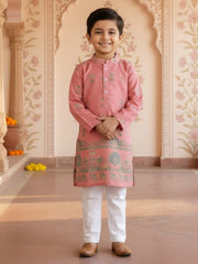 Boys Vibrant Digital Printed Kurta Pyjama Set - Salmon Pink