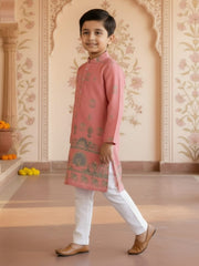 Boys Vibrant Digital Printed Kurta Pyjama Set - Salmon Pink