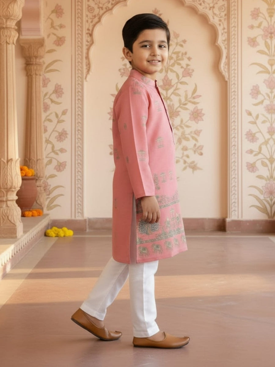 Boys Vibrant Digital Printed Kurta - Salmon Pink