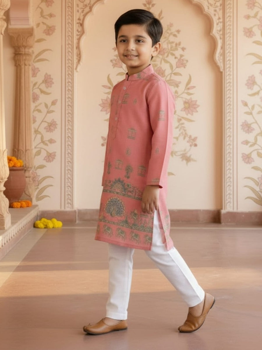 Boys Vibrant Digital Printed Kurta - Salmon Pink