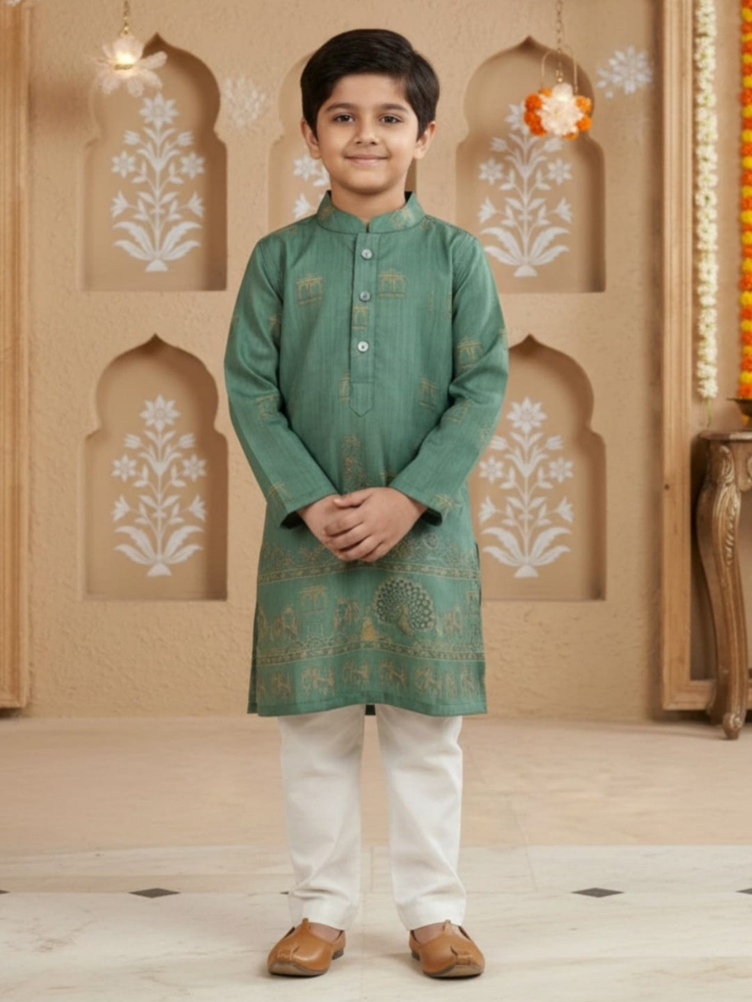 Boys Vibrant Digital Printed Kurta Pyjama Set - Sea Green