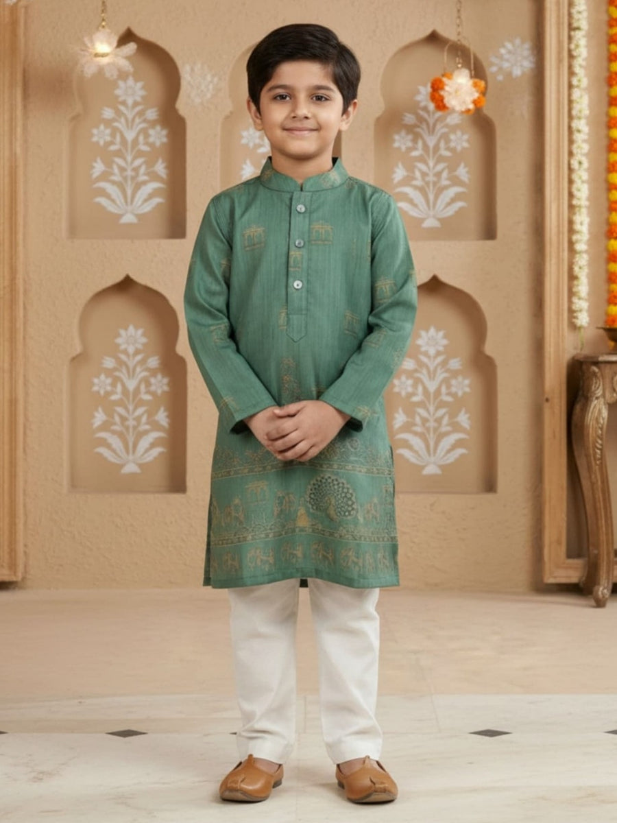 Boys Vibrant Digital Printed Kurta Pyjama Set - Sea Green