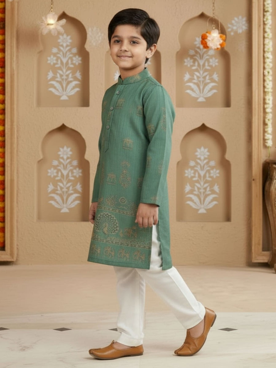 Boys Vibrant Digital Printed Kurta Pyjama Set - Sea Green
