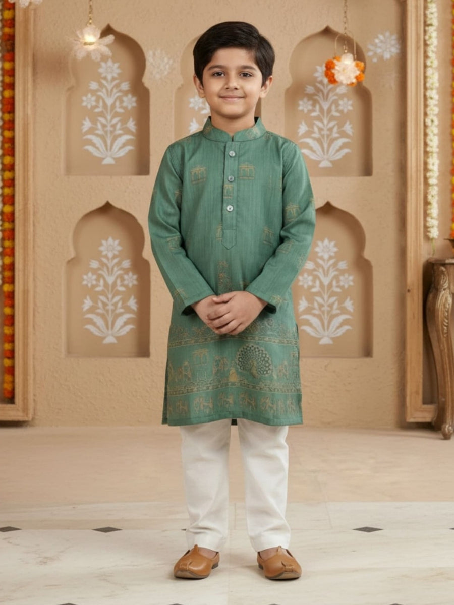 Boys Vibrant Digital Printed Kurta - Sea Green