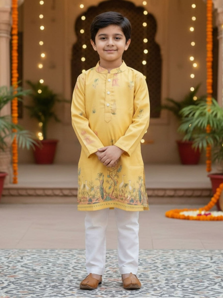 Boys Vibrant Digital Printed Kurta Pyjama Set - Yellow