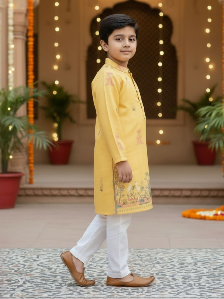 Boys Vibrant Digital Printed Kurta Pyjama Set - Yellow