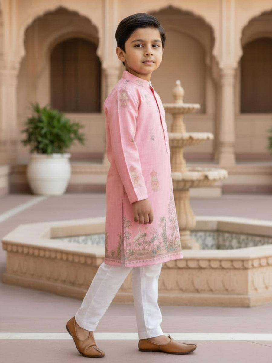 Boys Vibrant Digital Printed Kurta Pyjama Set - Petal Pink