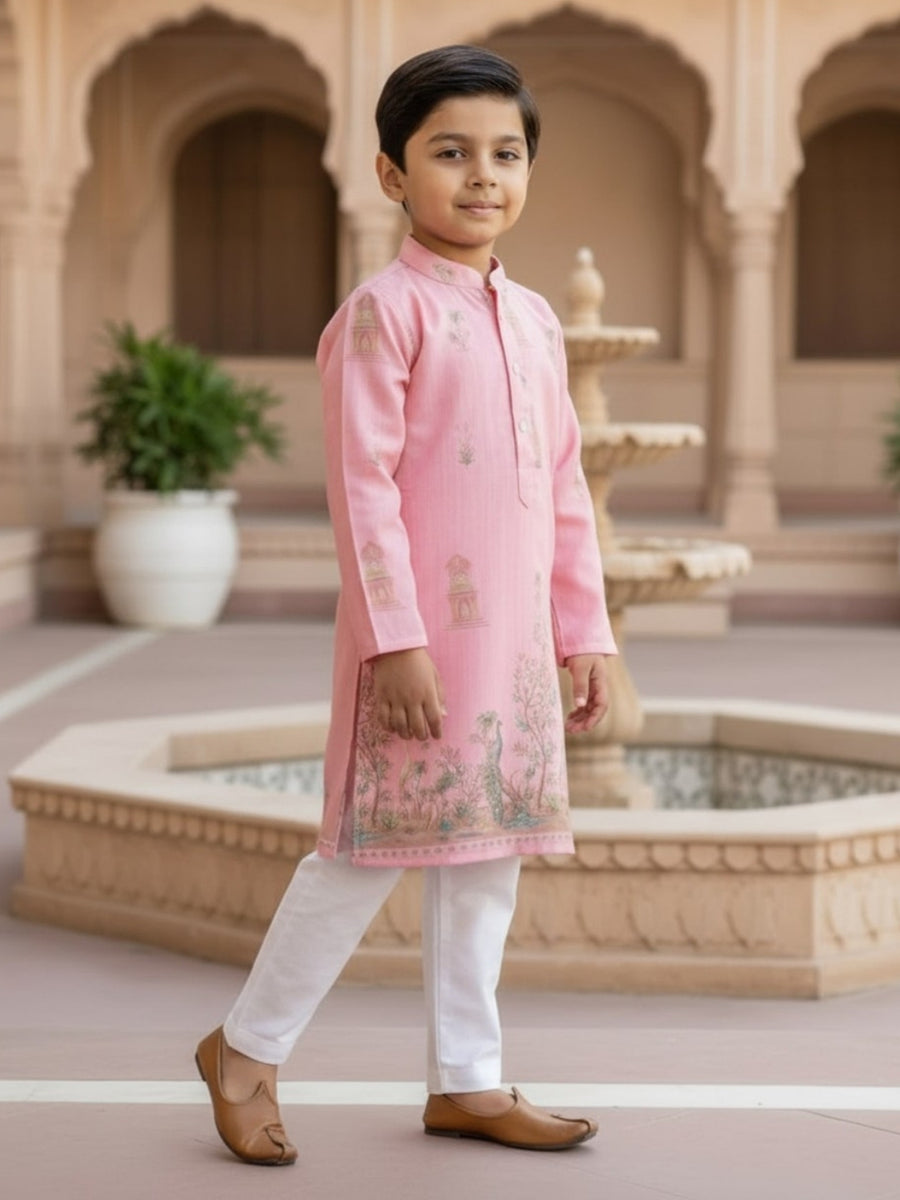 Boys Vibrant Digital Printed Kurta Pyjama Set - Petal Pink