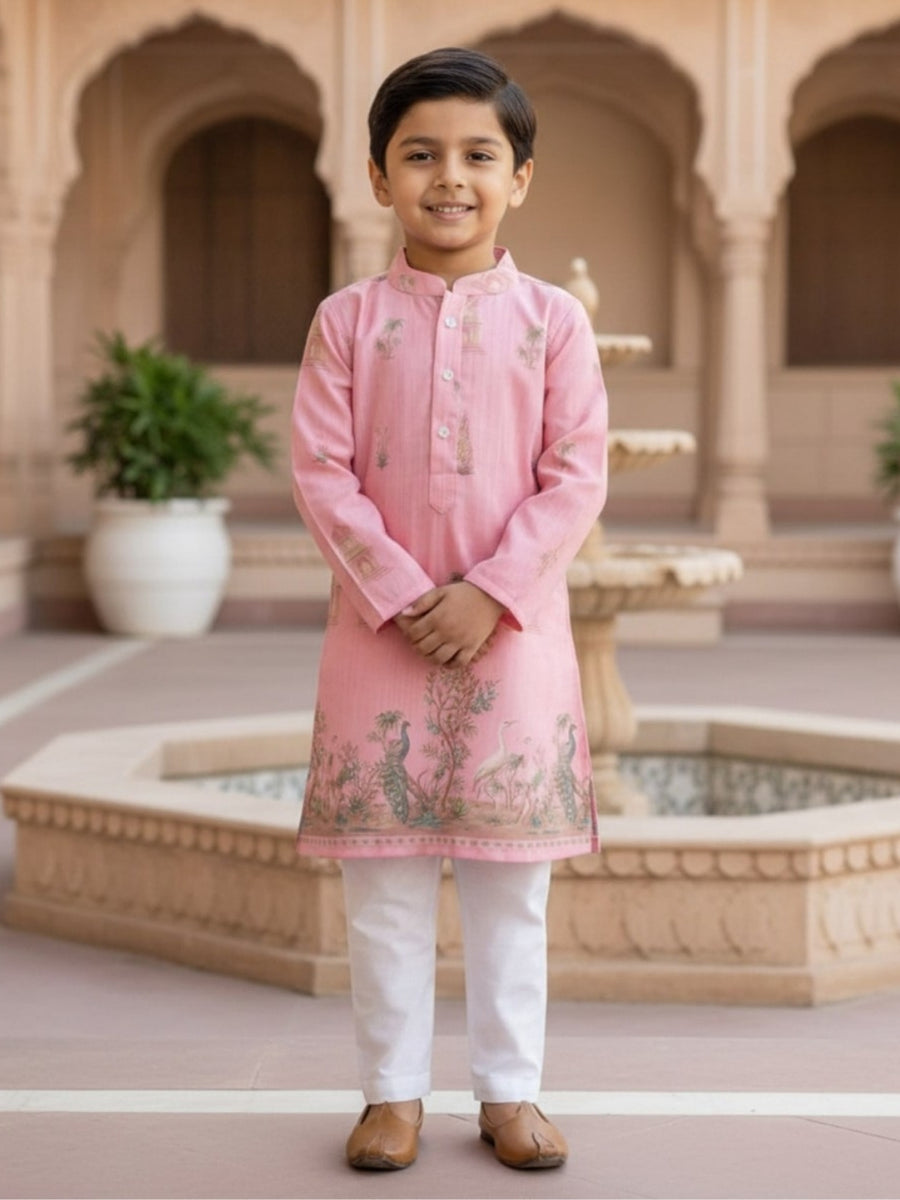 Boys Vibrant Digital Printed Kurta - Petal Pink