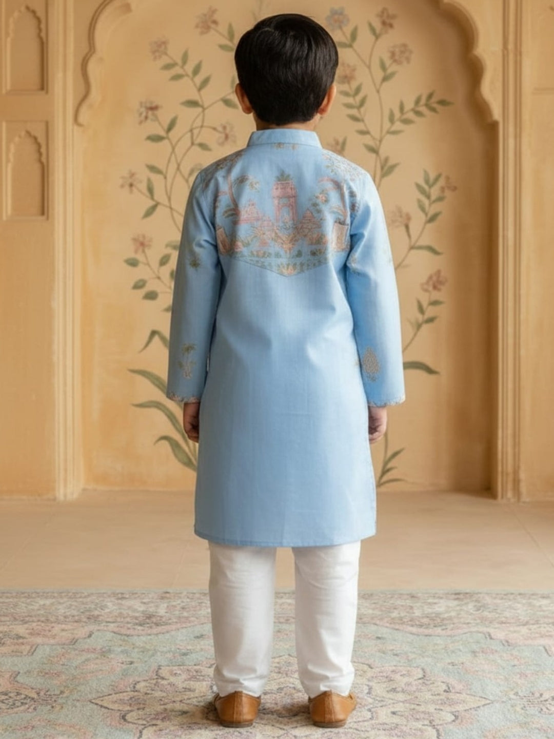 Boys Vibrant Digital Printed Kurta Pyjama Set - Sky Blue