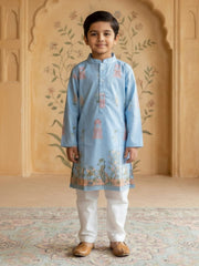 Boys Vibrant Digital Printed Kurta Pyjama Set - Sky Blue