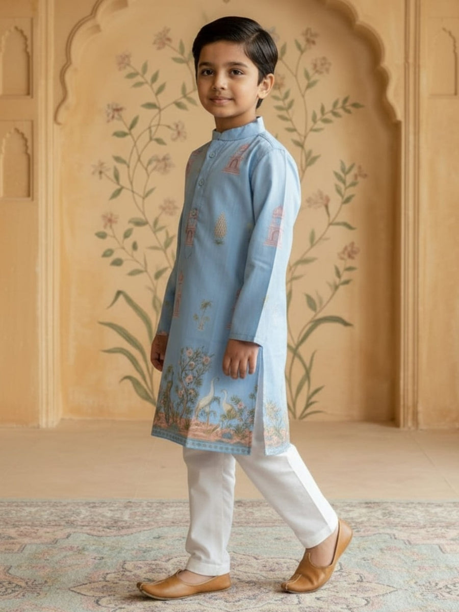 Boys Vibrant Digital Printed Kurta Pyjama Set - Sky Blue