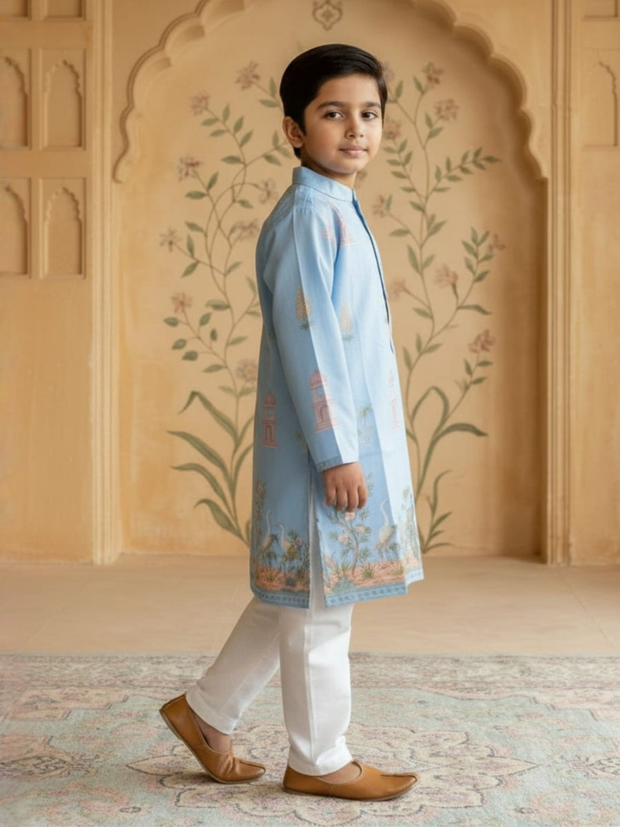 Boys Vibrant Digital Printed Kurta - Sky Blue