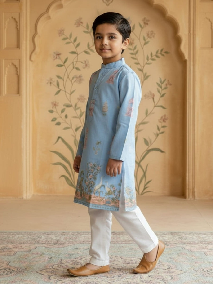 Boys Vibrant Digital Printed Kurta - Sky Blue