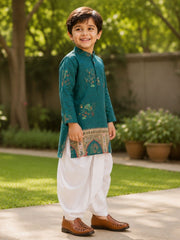 Boys Mandarin Collar Digital Print Ethnic Kurta Set - Dark Green (Style BK138)