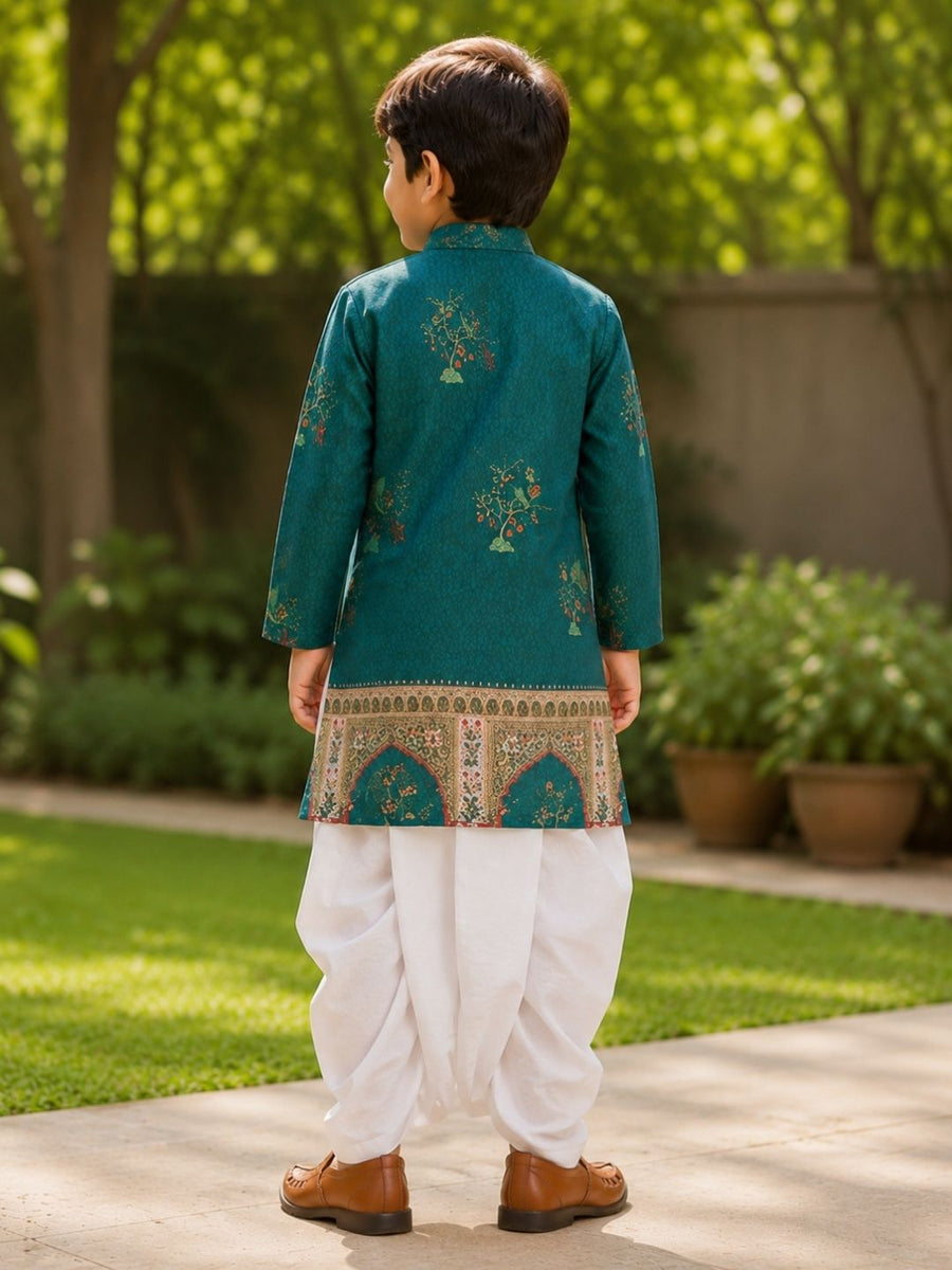 Boys Mandarin Collar Digital Print Ethnic Kurta Set - Dark Green (Style BK138)