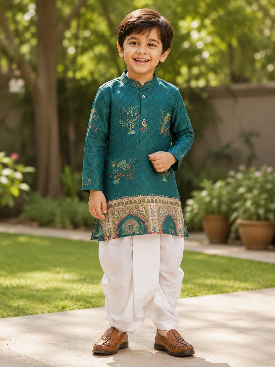Boys Mandarin Collar Digital Print Ethnic Kurta - Dark Green (Style BK138) (shown with dhoti pant, not included)