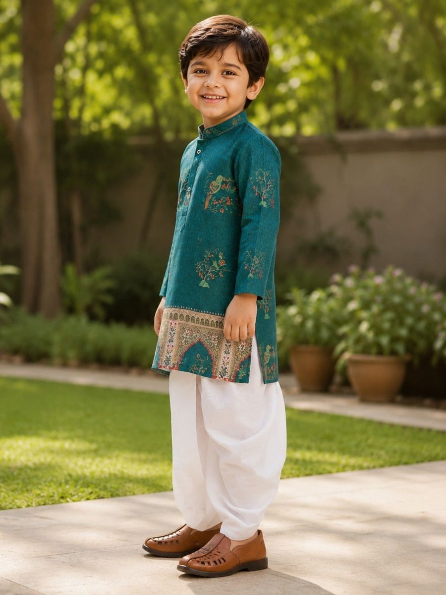 Boys Mandarin Collar Digital Print Ethnic Kurta - Dark Green (Style BK138) (shown with dhoti pant, not included)