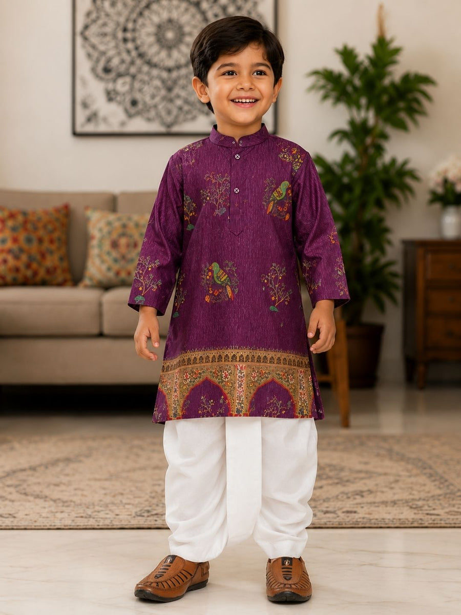 Boys Mandarin Collar Digital Print Ethnic Kurta Set - Purple (Style BK139)
