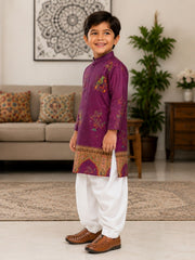 Boys Mandarin Collar Digital Print Ethnic Kurta Set - Purple (Style BK139)