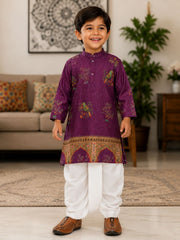 Boys Mandarin Collar Digital Print Ethnic Kurta - Purple (Style BK139) (shown with dhoti pant, not included)