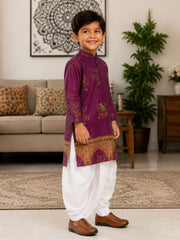 Boys Mandarin Collar Digital Print Ethnic Kurta - Purple (Style BK139) (shown with dhoti pant, not included)