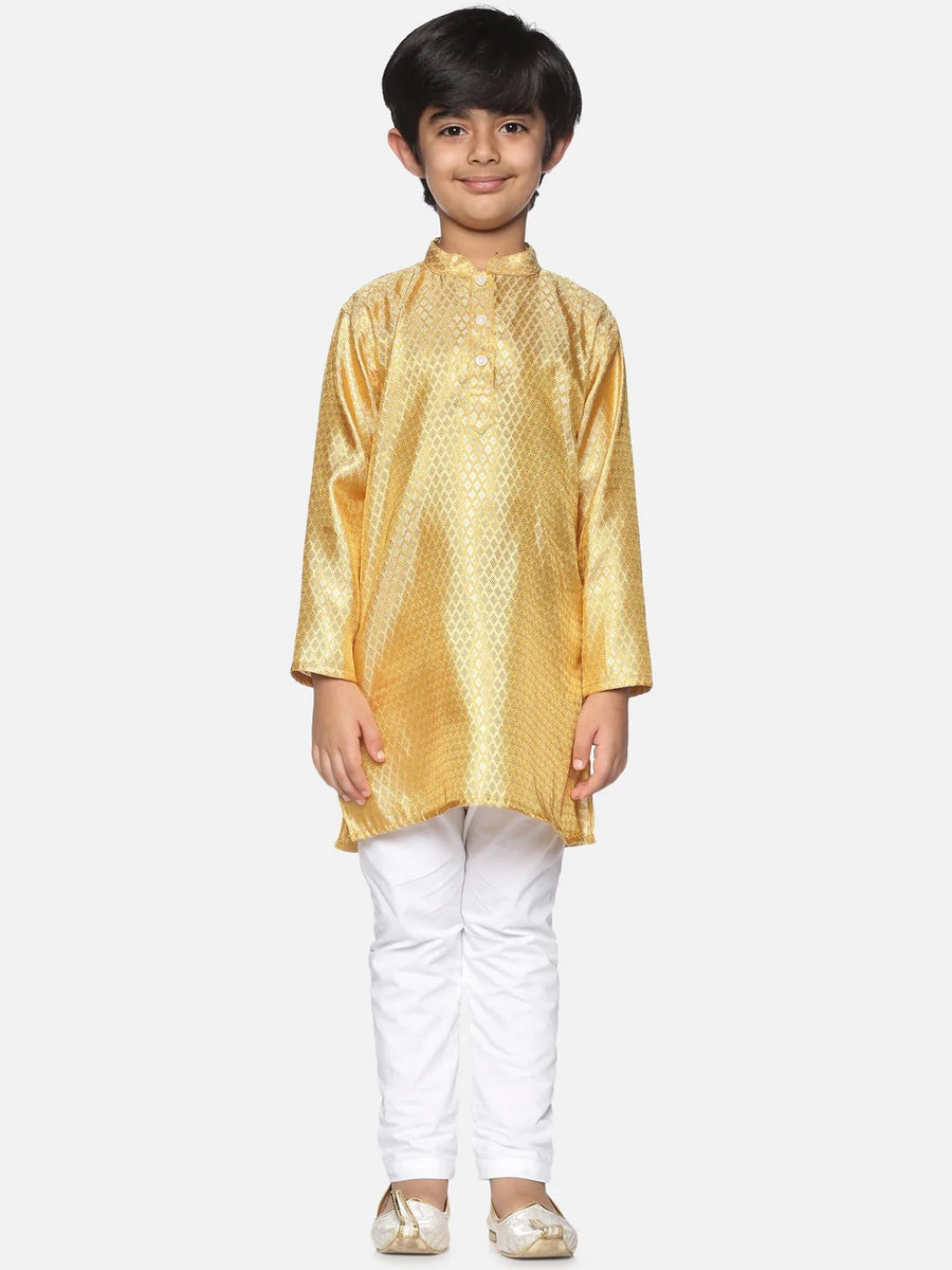 Boys Gold Colour Polyester Kurta Pyjama Set