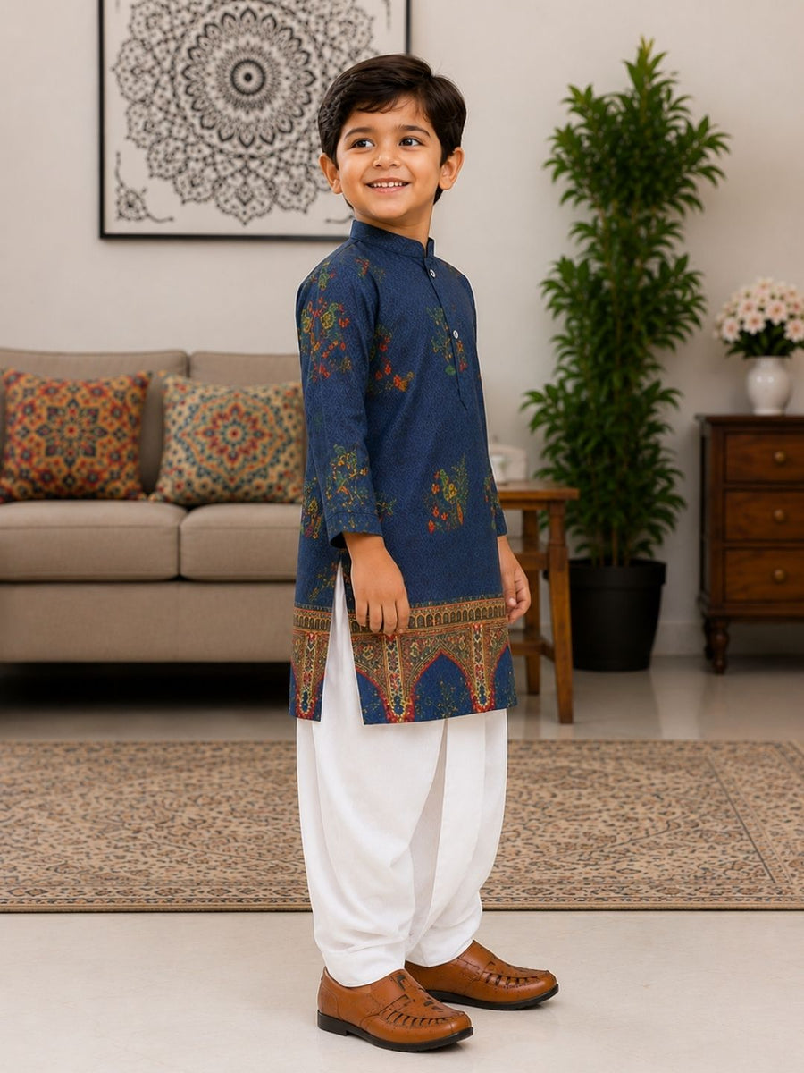 Boys Mandarin Collar Digital Print Ethnic Kurta Set - Dark Blue (Style BK140)