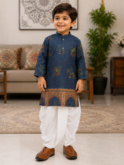 Boys Mandarin Collar Digital Print Ethnic Kurta - Dark Blue (Style BK140) (shown with dhoti pant, not included)