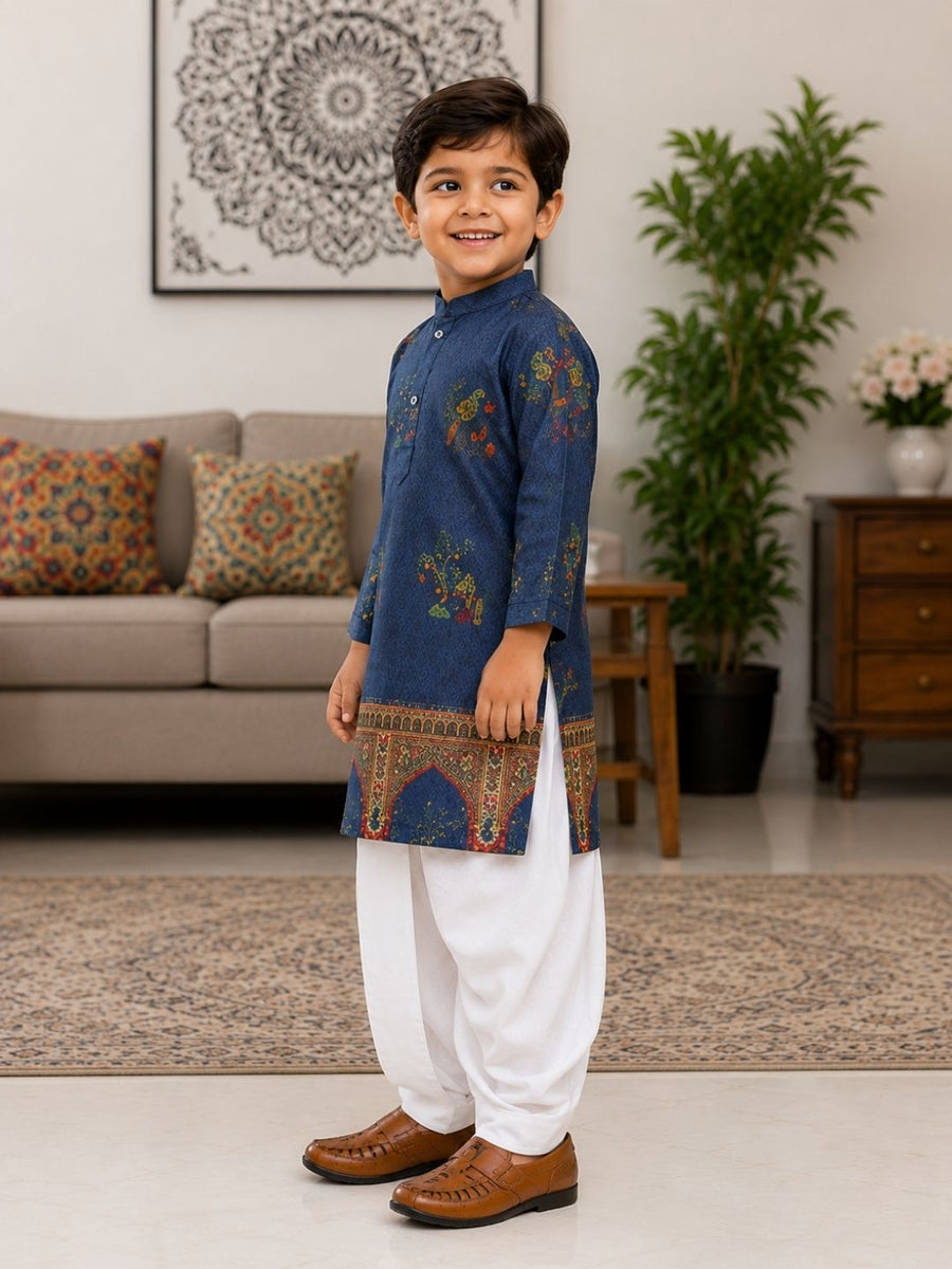 Boys Mandarin Collar Digital Print Ethnic Kurta - Dark Blue (Style BK140) (shown with dhoti pant, not included)