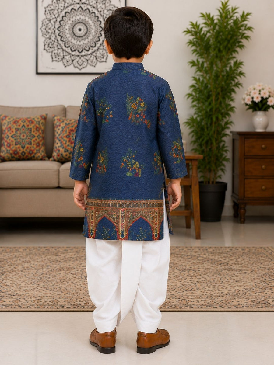 Boys Mandarin Collar Digital Print Ethnic Kurta - Dark Blue (Style BK140) (shown with dhoti pant, not included)
