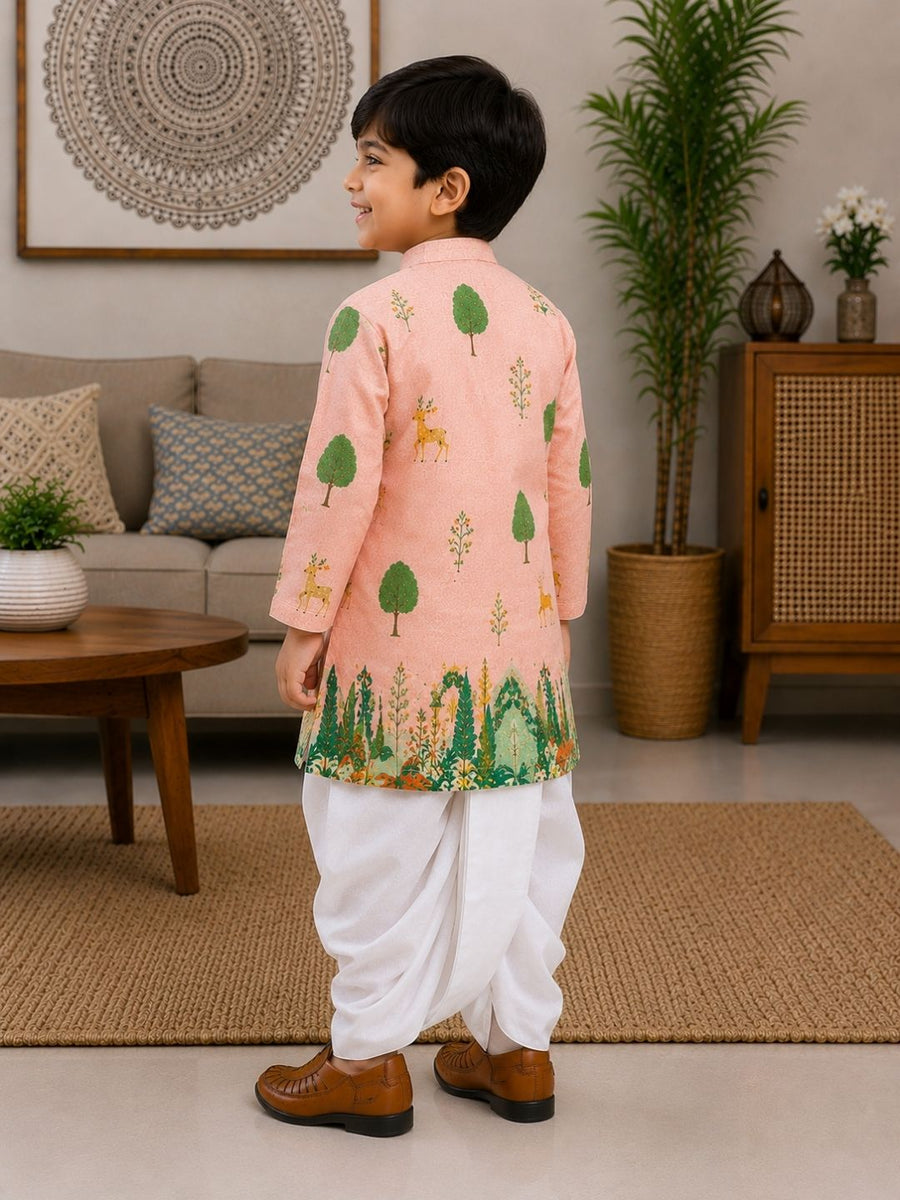 Boys Mandarin Collar Digital Print Ethnic Kurta Set - Light Pink (Style BK141)