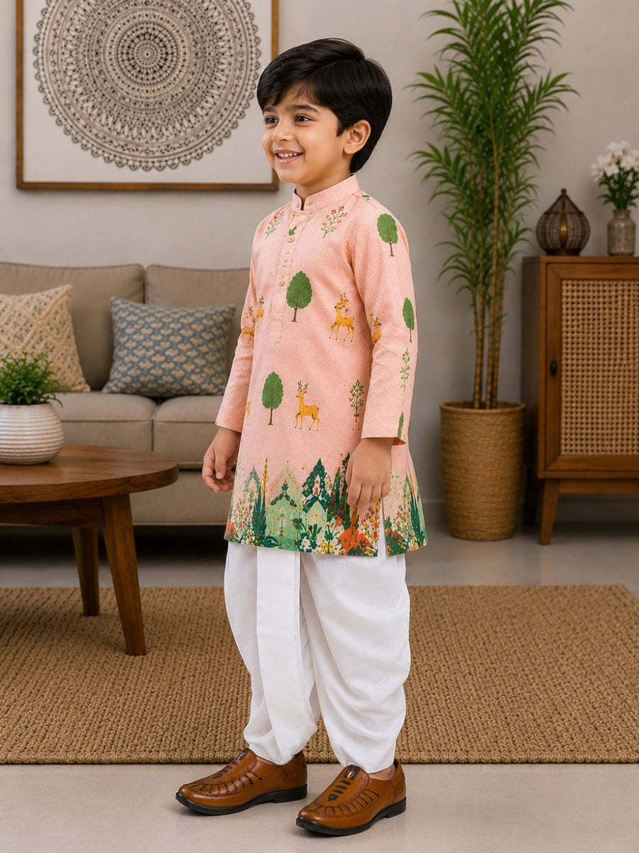 Boys Mandarin Collar Digital Print Ethnic Kurta - Light Pink (Style BK141) (shown with dhoti pant, not included)