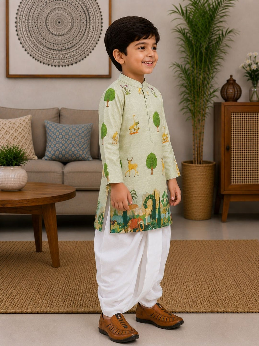 Boys Mandarin Collar Digital Print Ethnic Kurta Set - Pista Green (Style BK142)