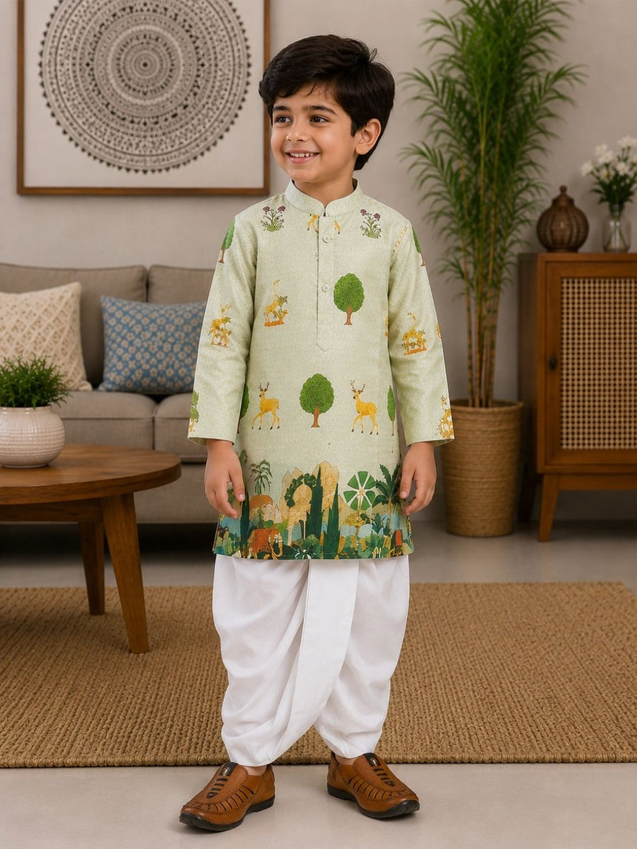 Boys Mandarin Collar Digital Print Ethnic Kurta - Pista Green (Style BK142) (shown with dhoti pant, not included)
