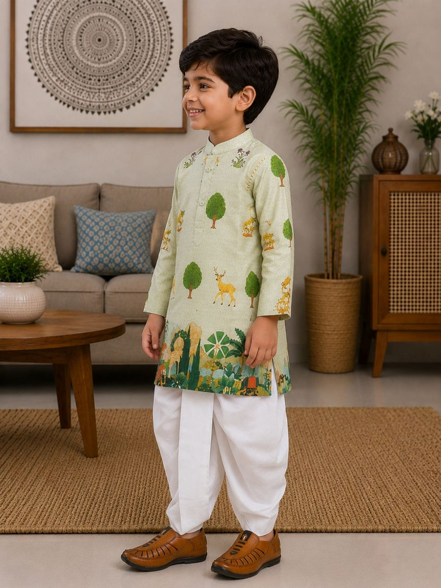 Boys Mandarin Collar Digital Print Ethnic Kurta - Pista Green (Style BK142) (shown with dhoti pant, not included)