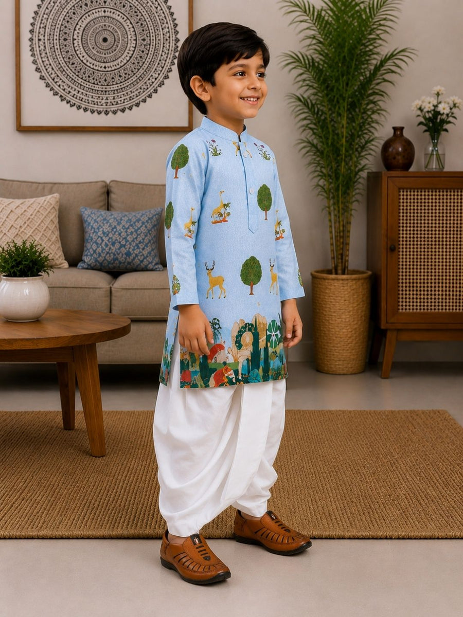 Boys Mandarin Collar Digital Print Ethnic Kurta Set - Light Blue (Style BK143)