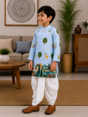 Boys Mandarin Collar Digital Print Ethnic Kurta Set - Light Blue (Style BK143)