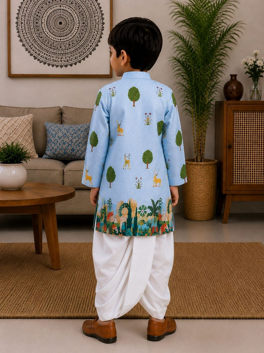Boys Mandarin Collar Digital Print Ethnic Kurta Set - Light Blue (Style BK143)