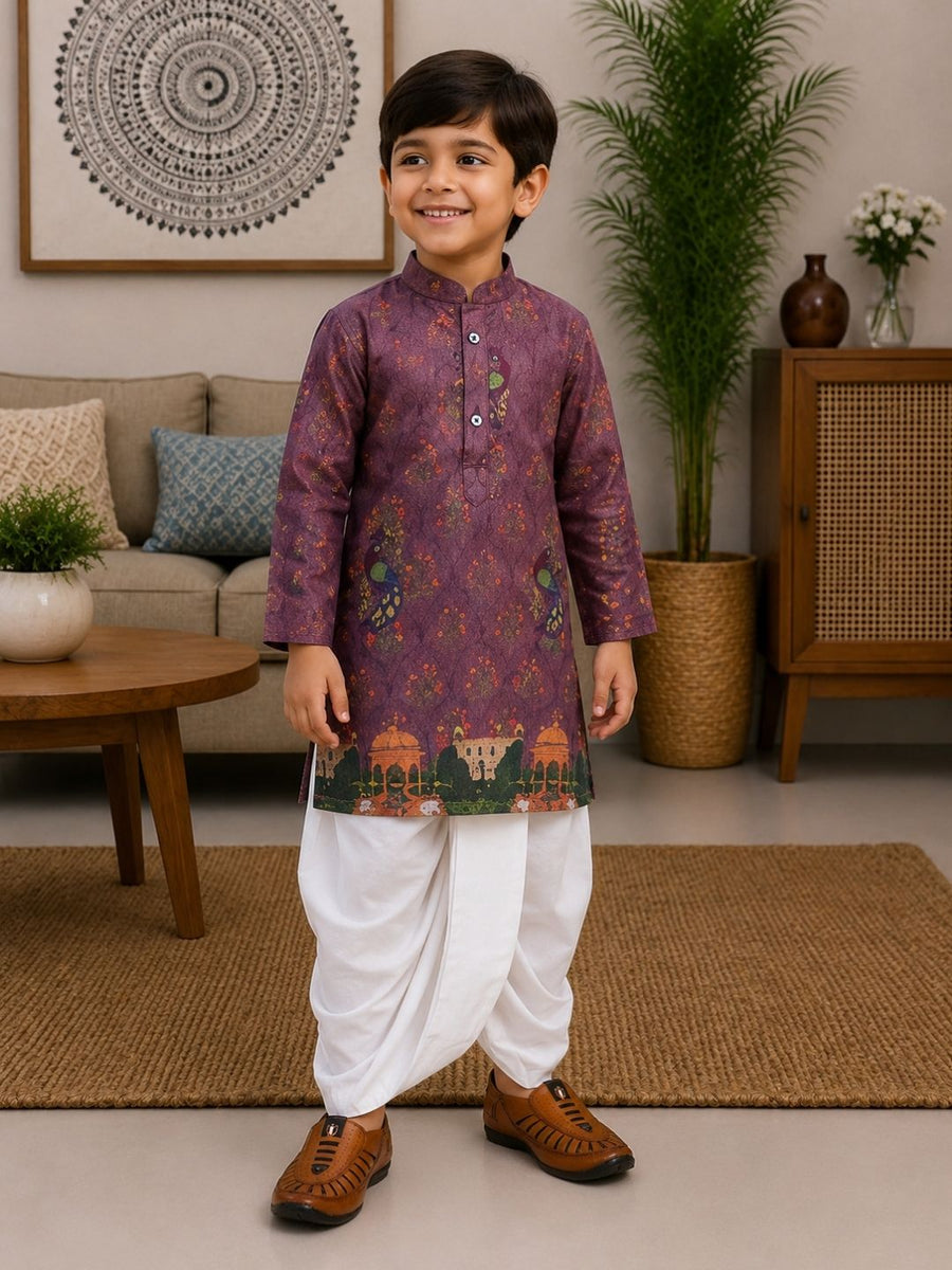 Boys Mandarin Collar Digital Print Ethnic Kurta Set - Dark Purple (Style BK144)
