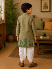 Boys Mandarin Collar Digital Print Ethnic Kurta Set - Green (Style BK145)
