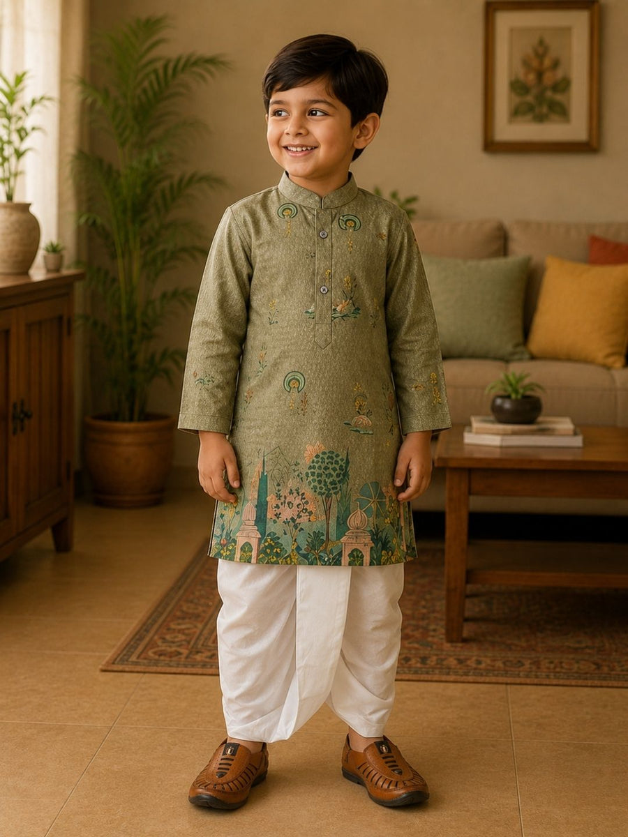 Boys Mandarin Collar Digital Print Ethnic Kurta - Green (Style BK145) (shown with dhoti pant, not included)