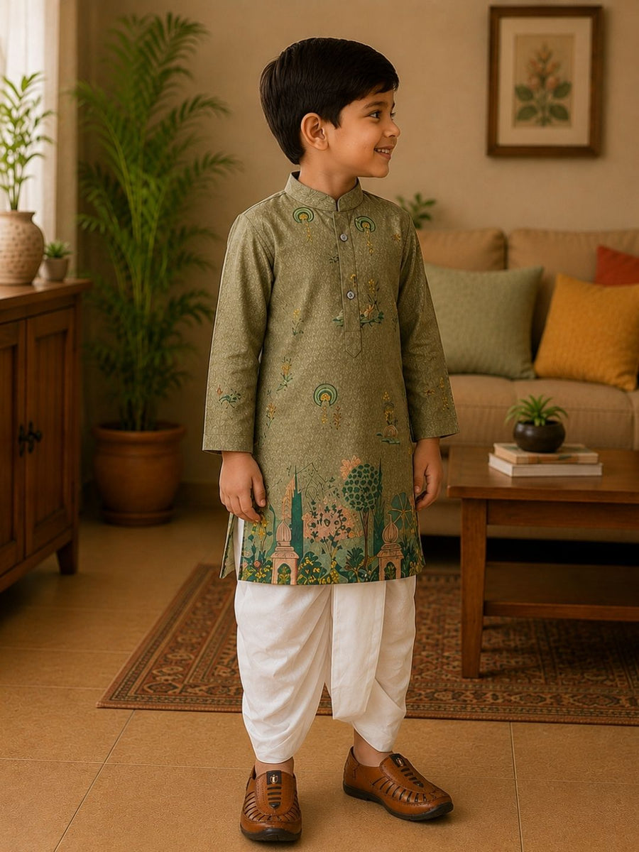 Boys Mandarin Collar Digital Print Ethnic Kurta - Green (Style BK145) (shown with dhoti pant, not included)